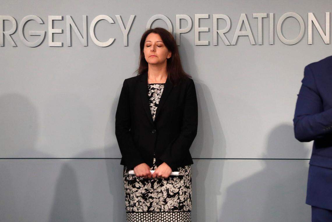 Dr. Mandy Cohen, secretary of the state Department of Health and Human Services, listens during a briefing on the coronavirus pandemic at the Emergency Operations Center in Raleigh, N.C., Tuesday, May 26, 2020.