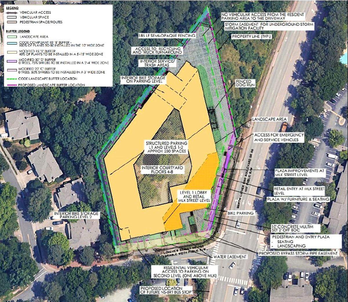 A site plan presented to the Chapel Hill Town Council in September 2025 shows a courtyard at the corner of East Longview Street and Martin Luther King Jr. Boulevard, an internal courtyard for residents, and a dog park.