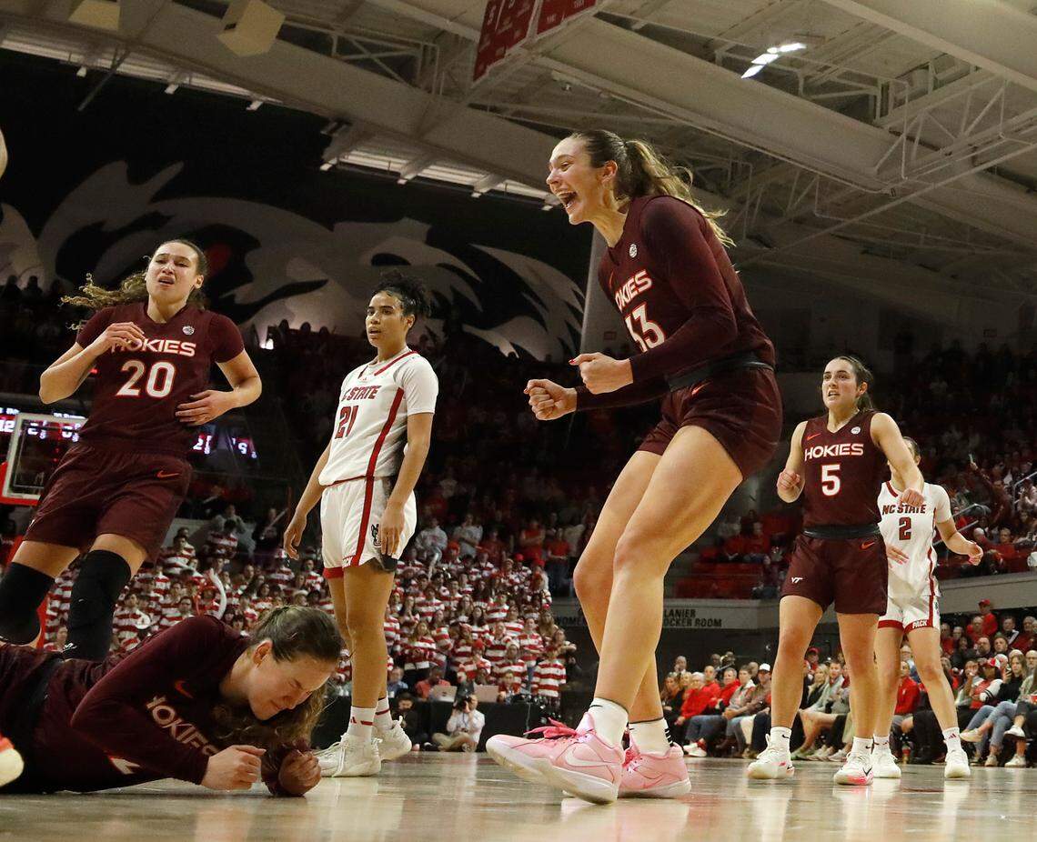 Virginia Tech’s Elizabeth Kitley reacts after teammate Cayla King took a charge during the second half of the Hokies’ 72-61 win over N.C. State on Thursday, Feb. 8, 2024, at Reynolds Coliseum in Raleigh, N.C.