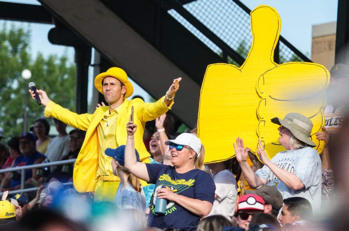 Fans yell in excitement Friday, June 30, 2023, during the Savannah Bananas World Tour at Victory Field in Indianapolis.