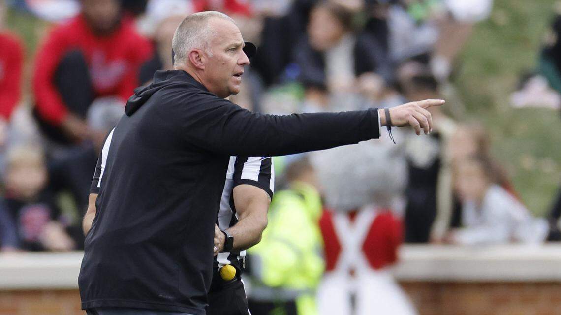 N.C. State head coach Dave Doeren questions a call during the first half of N.C. State’s game against Wake Forest at Allegacy Stadium in Winston-Salem, N.C., Saturday, Nov. 11, 2023.