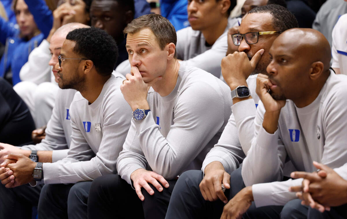 Duke head coach Jon Scheyer watches during the second half of Pitt’s 80-76 victory over Duke at Cameron Indoor Stadium in Durham, N.C., Saturday, Jan. 20, 2024.
