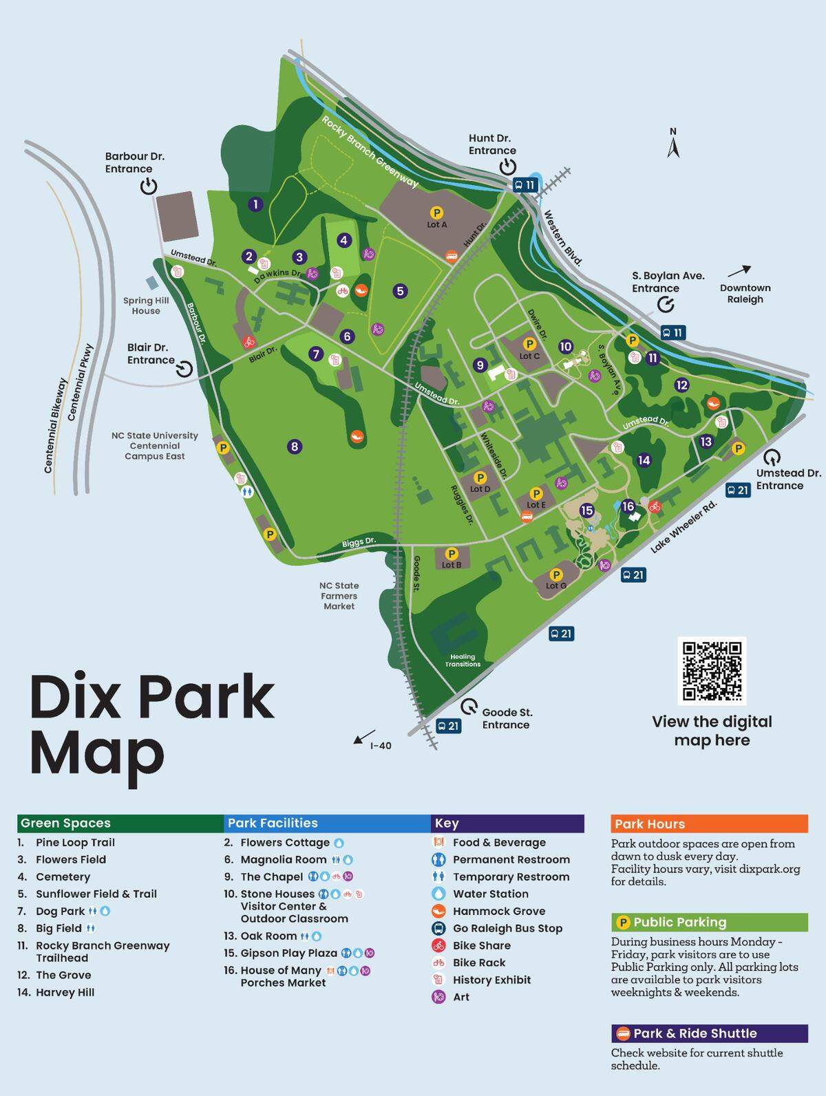 A map of Dix Park includes the location of parking lots.