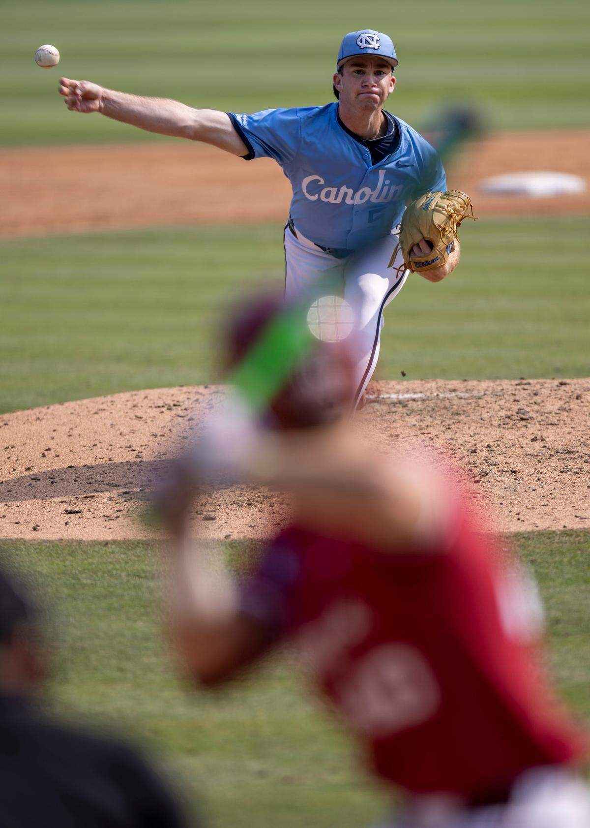 North Carolina starting pitcher Ryan Lynch (53) works from he mound against Oklahoma first baseman Sam Christiansen (40) in the sixth inning during Game 7 of the NCAA Chapel Hill Regional on Monday, June 2, 2025 at Boshamer Stadium in Chapel Hill, N.C.