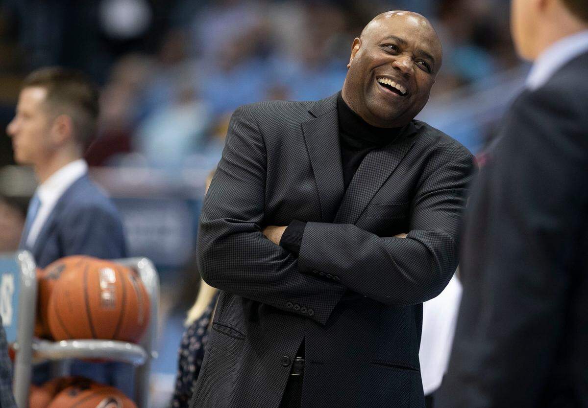 Florida State coach Leonard Hamilton laughs after North Carolina coach Roy Williams had the last word during their pre-game conversation on Saturday, February 23, 2019 at the Smith Center in Chapel Hill, N.C.