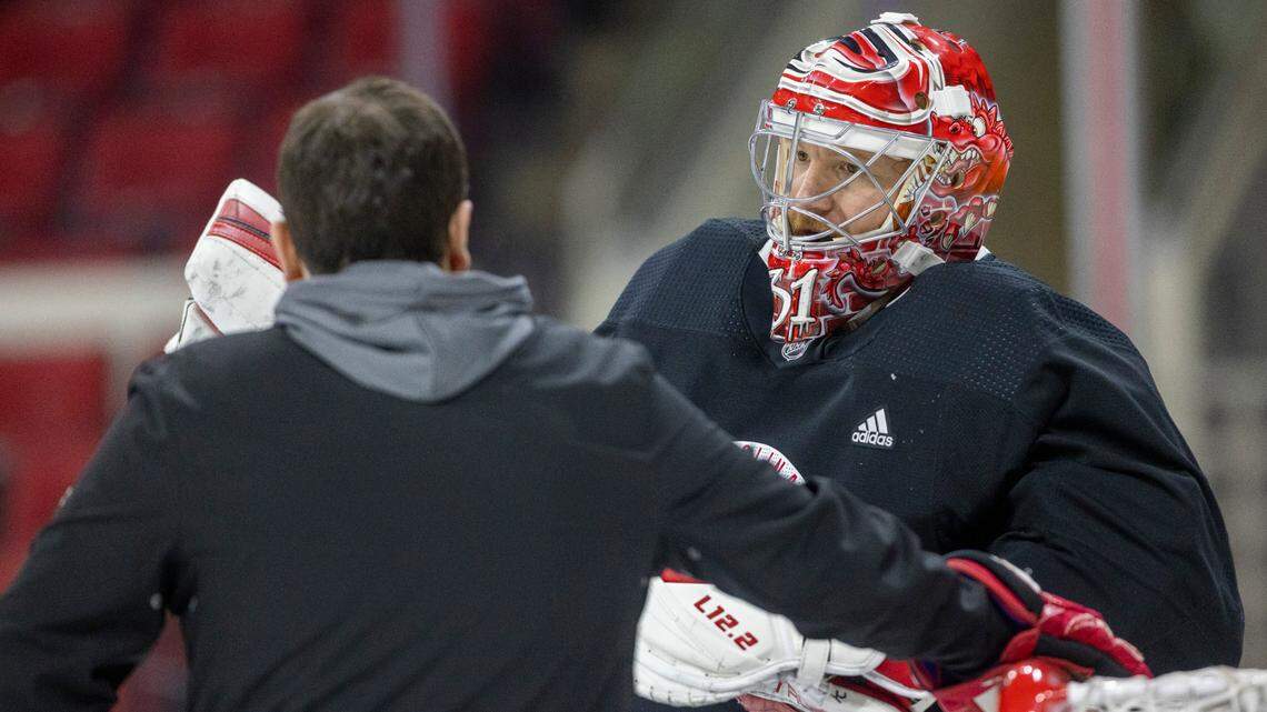 Carolina Hurricanes goalie Frederik Andersen (31) talks with goalie coach Paul Schonfelder during practice on Monday, May 15, 2023 at PNC Arena in Raleigh, N.C.