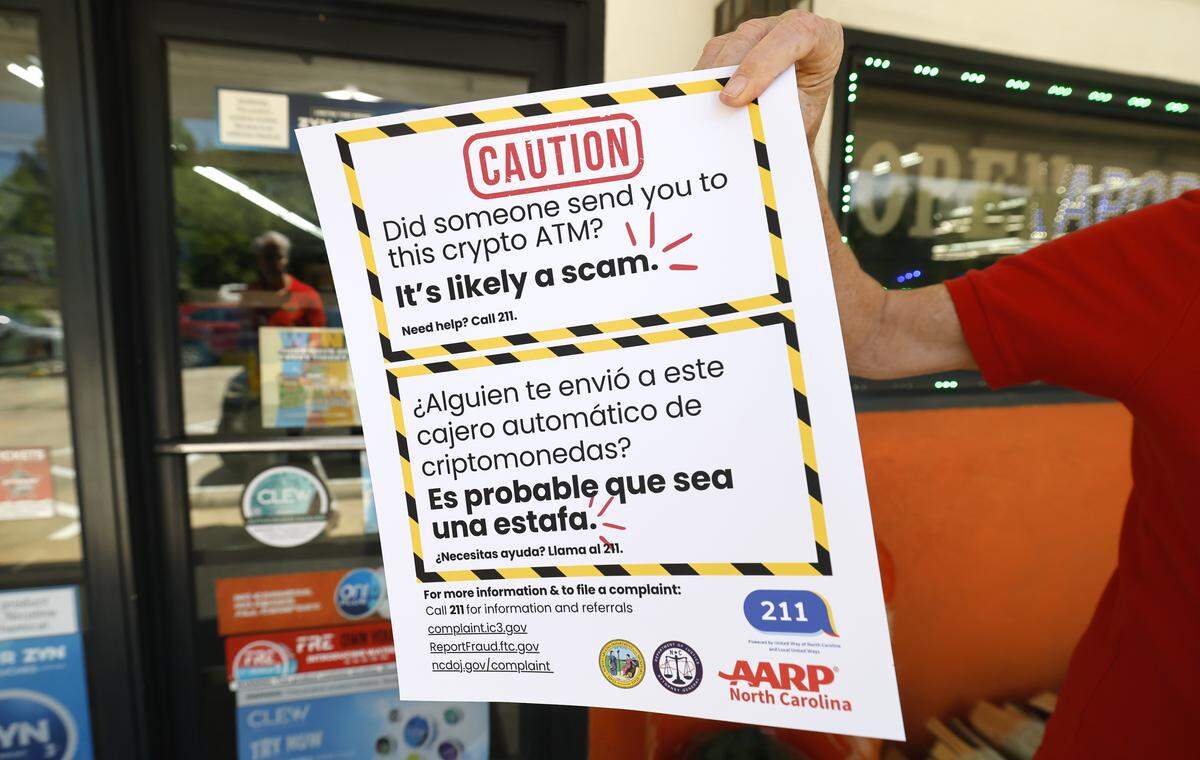 Members and volunteers with the AARP visited convenience stores that have crypto ATM machines in Cary, N.C., Tuesday, May 12, 2026, in hopes of convincing the managers to let them put up educational posters near the machines.