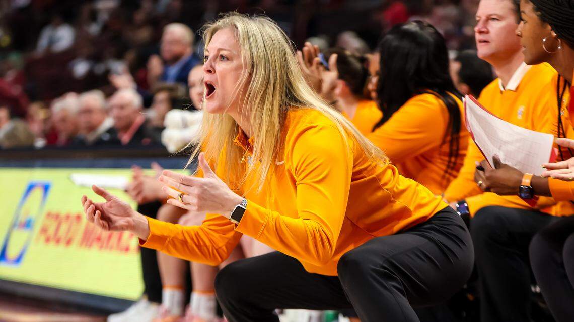 Tennessee Lady Vols head coach Kellie Harper disputes a call against the South Carolina Gamecocks in the first half at Colonial Life Arena.