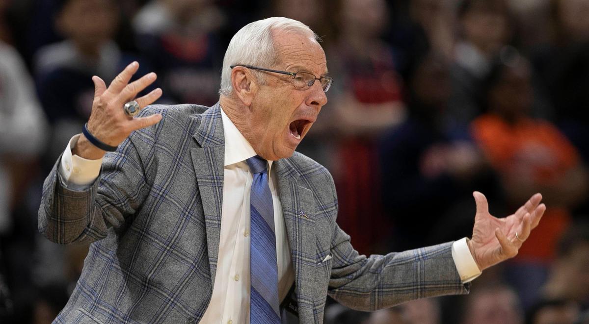 North Carolina coach Roy Williams yells at his his team during the second half against Virginia on Sunday, December 8, 2019 at John Paul Jones Arena in Charlottesville, N.C.