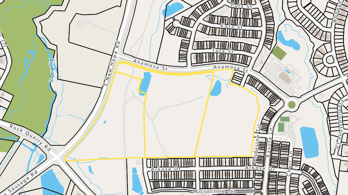 The location of three properties, bordered in yellow, in southeast Raleigh that were rezoned Tuesday to allow for more dense housing.