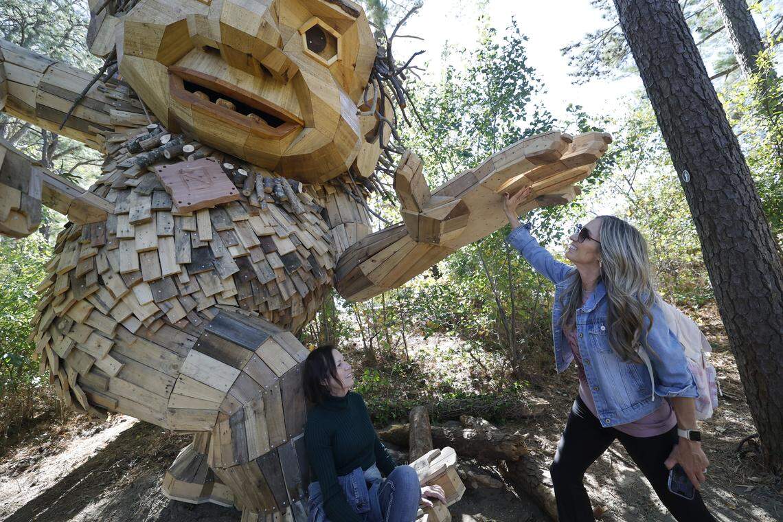 Andrea Mackey from Jonesboro Ark. high-fives one of the new Thomas Dambo trolls at Dix Park in Raleigh, N.C., Thursday, Oct. 23, 2025. Mackey was visiting with her mother Lois Sanders, left, and her sister Amber Sutton. The troll is one of five installed at Dix using amongst other things recycled wood, bourbon barrels, a one-mile long old fence and 75,000 screws.