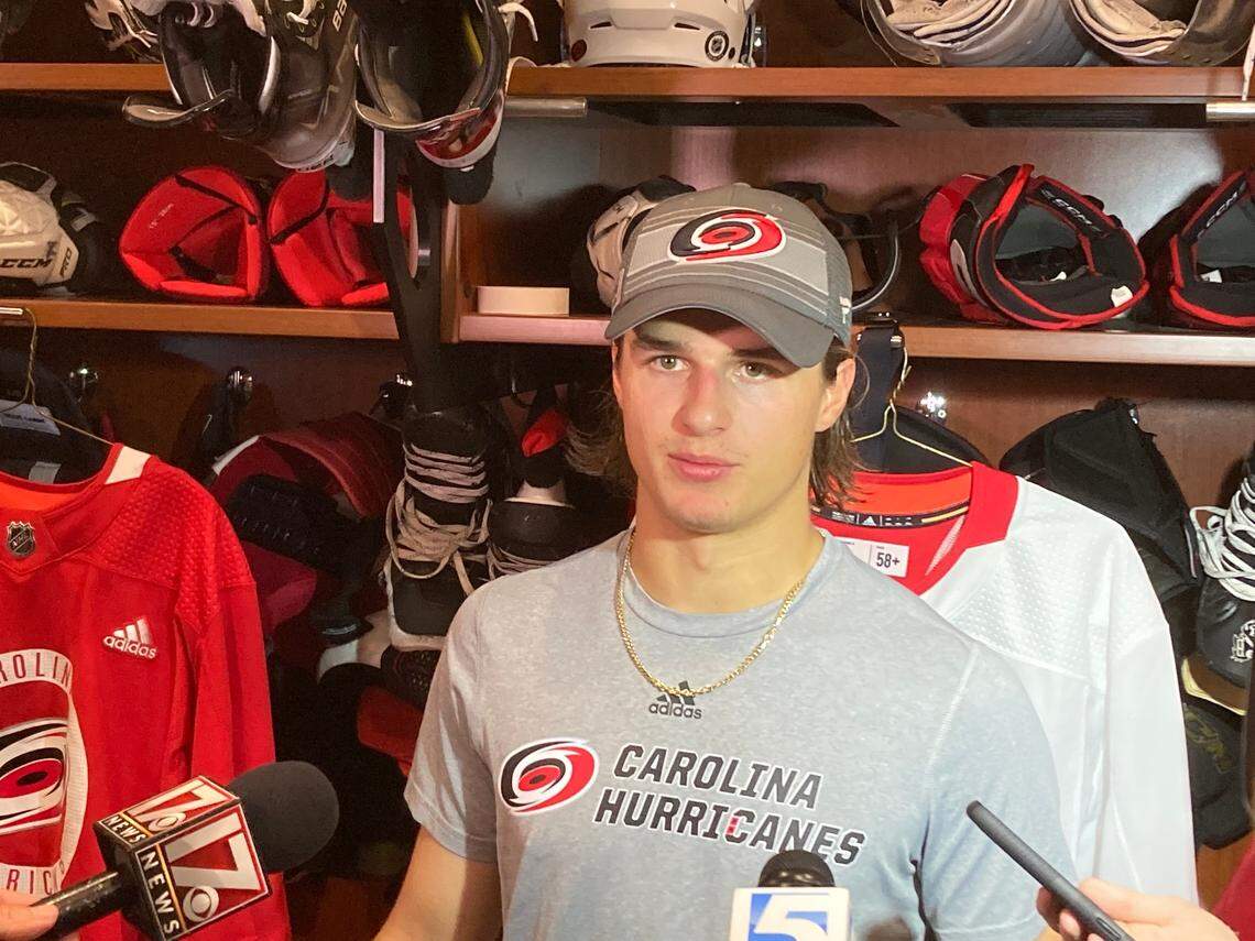 Forward Jamieson Rees, the captain of the Carolina Hurricanes’ prospects team, talks to the media after game against Florida in 2022 NHL Prospects Showcase in Morrisville, N.C., on 9/16/2022. (Photo by Chip Alexander)