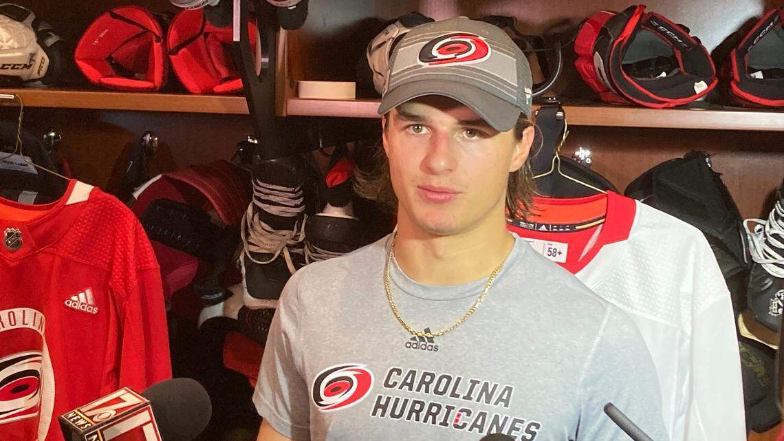Forward Jamieson Rees, the captain of the Carolina Hurricanes’ prospects team, talks to the media after game against Florida in 2022 NHL Prospects Showcase in Morrisville, N.C., on 9/16/2022.