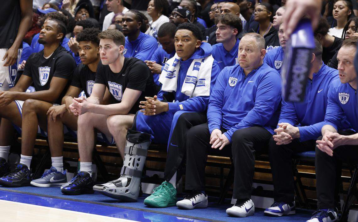 Duke’s Caleb Foster sits on the bench in the second half of Duke’s 76-61 victory over UNC at Cameron Indoor Stadium in Durham, N.C., Saturday, March 7, 2026.