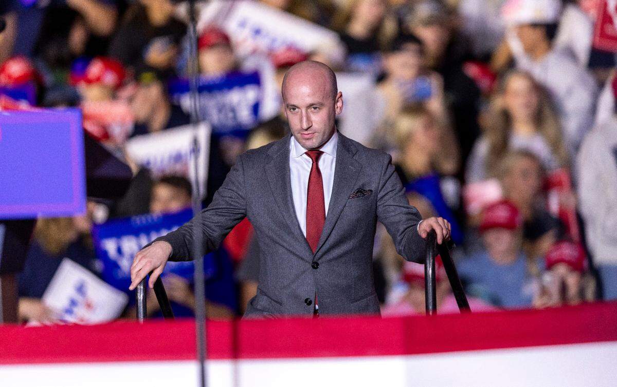 Former senior advisor Stephen Miller takes the stage to speak during a rally for former President Donald Trump at Minges Coliseum in Greenville on Monday, Oct. 21, 2024. With two weeks until Election Day, Trump went on a three-city tour, in which Trump will also see the destruction caused by Hurricane Helene in Asheville and speak at a faith conference in Concord.