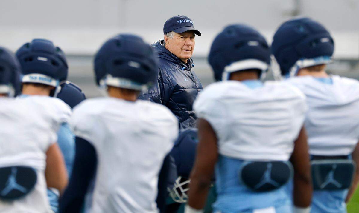 North Carolina football head coach Bill Belichick watches during UNC’s Practice Like a Pro open practice at Kenan Stadium in Chapel Hill, N.C., Saturday, April 12, 2025.