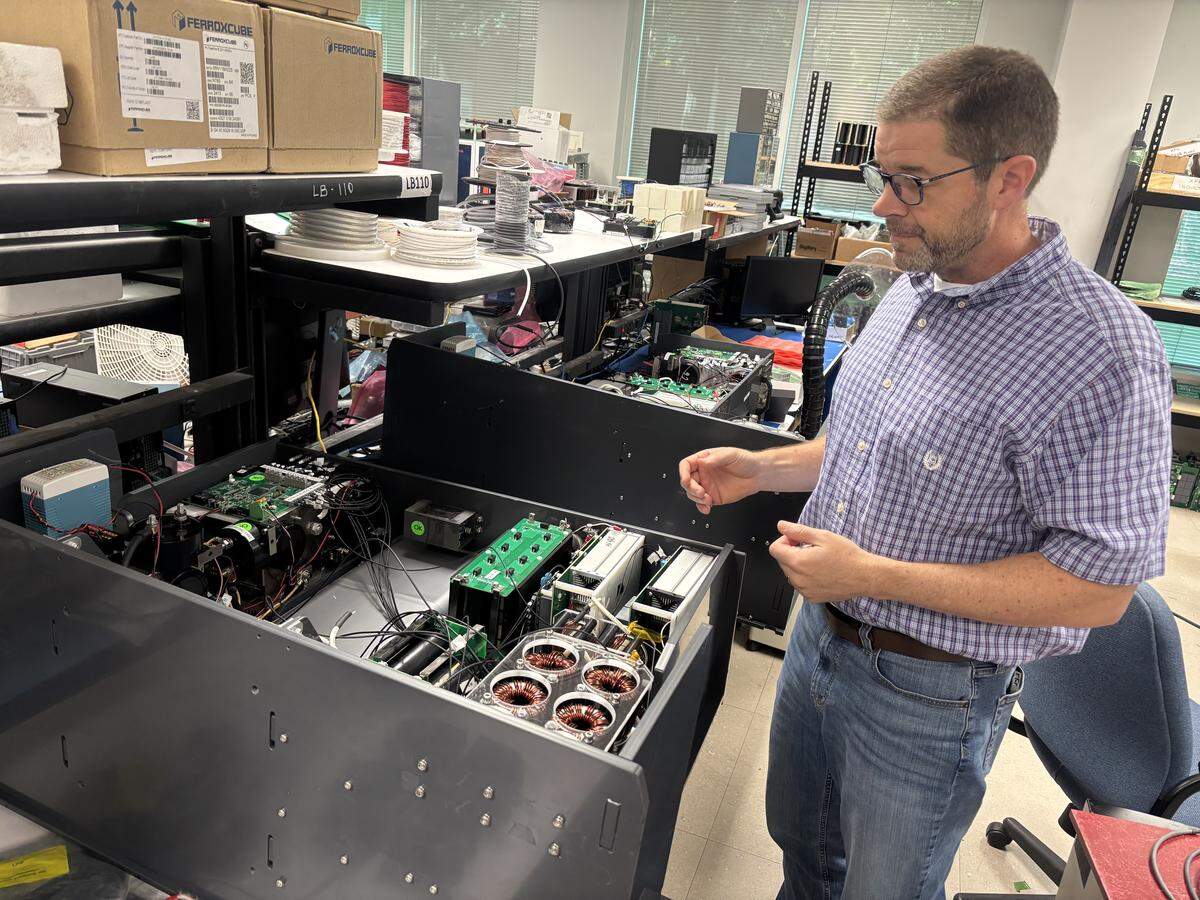 Ken Dulaney discusses renewable energy research at the FREEDM Systems Center at N.C. State University in July 2025.