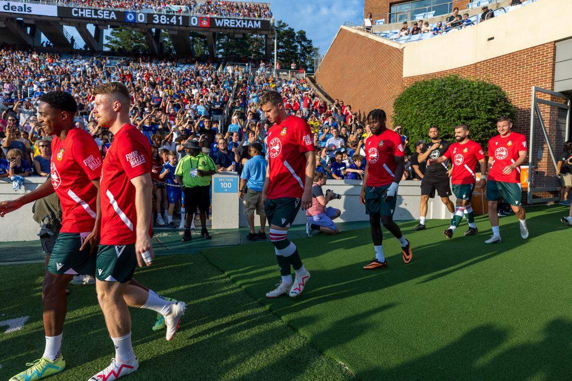 Wrexham players enter Kenan Stadium for pre-game warm up prior to the FC Series game against Chelsea on Wednesday, July 19, 2023 in Chapel Hill, N.C.