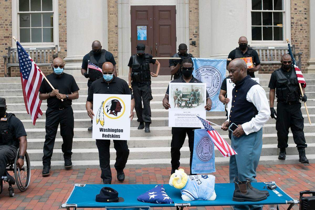 William Thorpe leads the ‘Union Soldier Campaign’ in a protest at the South Building on the UNC campus, calling for the university to drop the ‘Tar Heel’ mascot name, due to it’s connection to the civil war and the confederacy on Tuesday, July 14, 2020 in Chapel Hill, N.C.