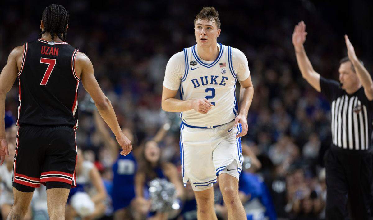 Duke forward Cooper Flagg (2) reacts after a three point basket in the second half on Saturday, April 5, 2025 during the NCAA national semi final game at the Alamodome in San Antonio, TX.
