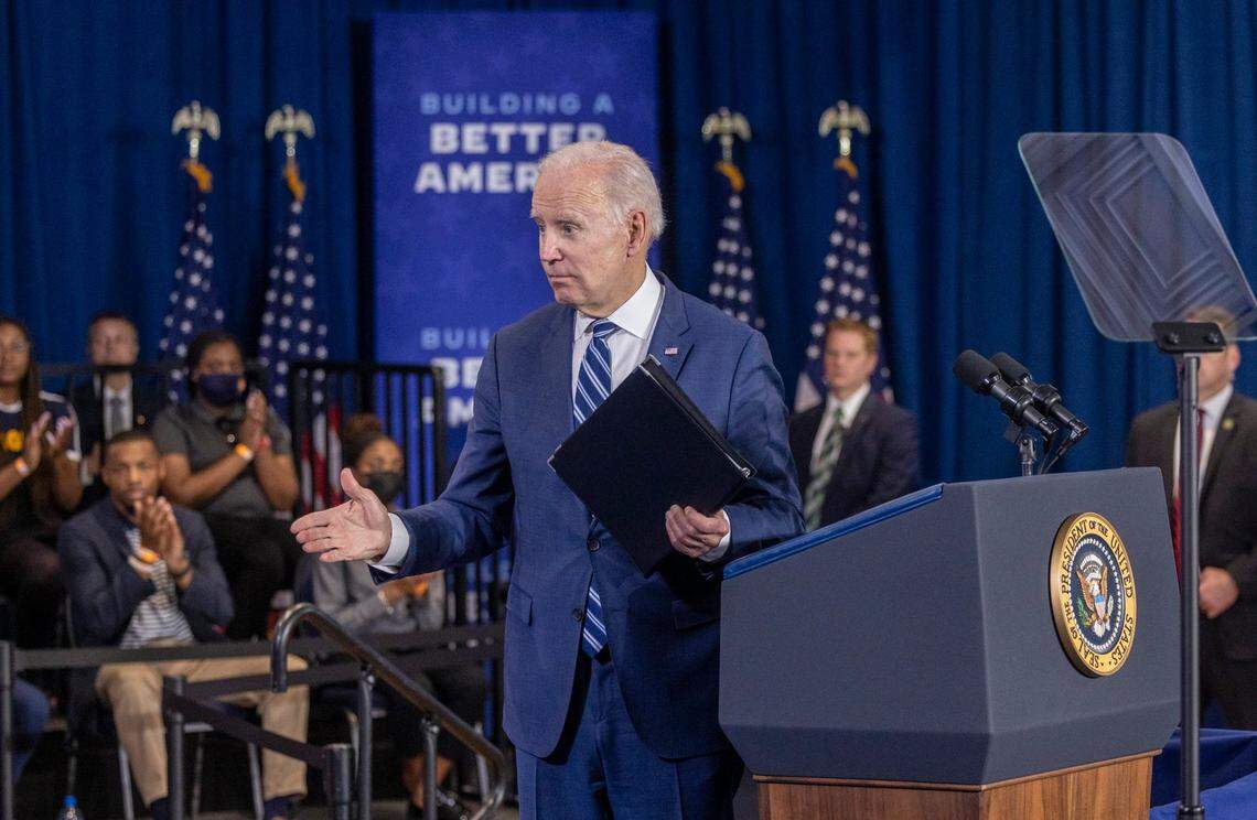 President Joe Biden leaves the stage after speaking about the economy during a visit to North Carolina A&T State University in Greensboro Thursday, April 14, 2022.