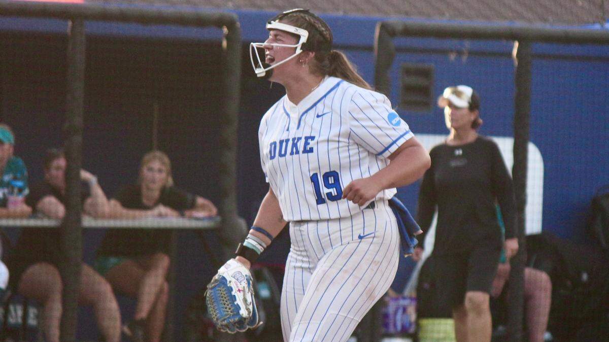 Duke pitcher Cassidy Curd (19) celebrates after a strikeout during the Blue Devils’ NCAA Tournament game against Coastal Carolina on Saturday, May 17, 2025, at Duke Softball Stadium in Durham, N.C.