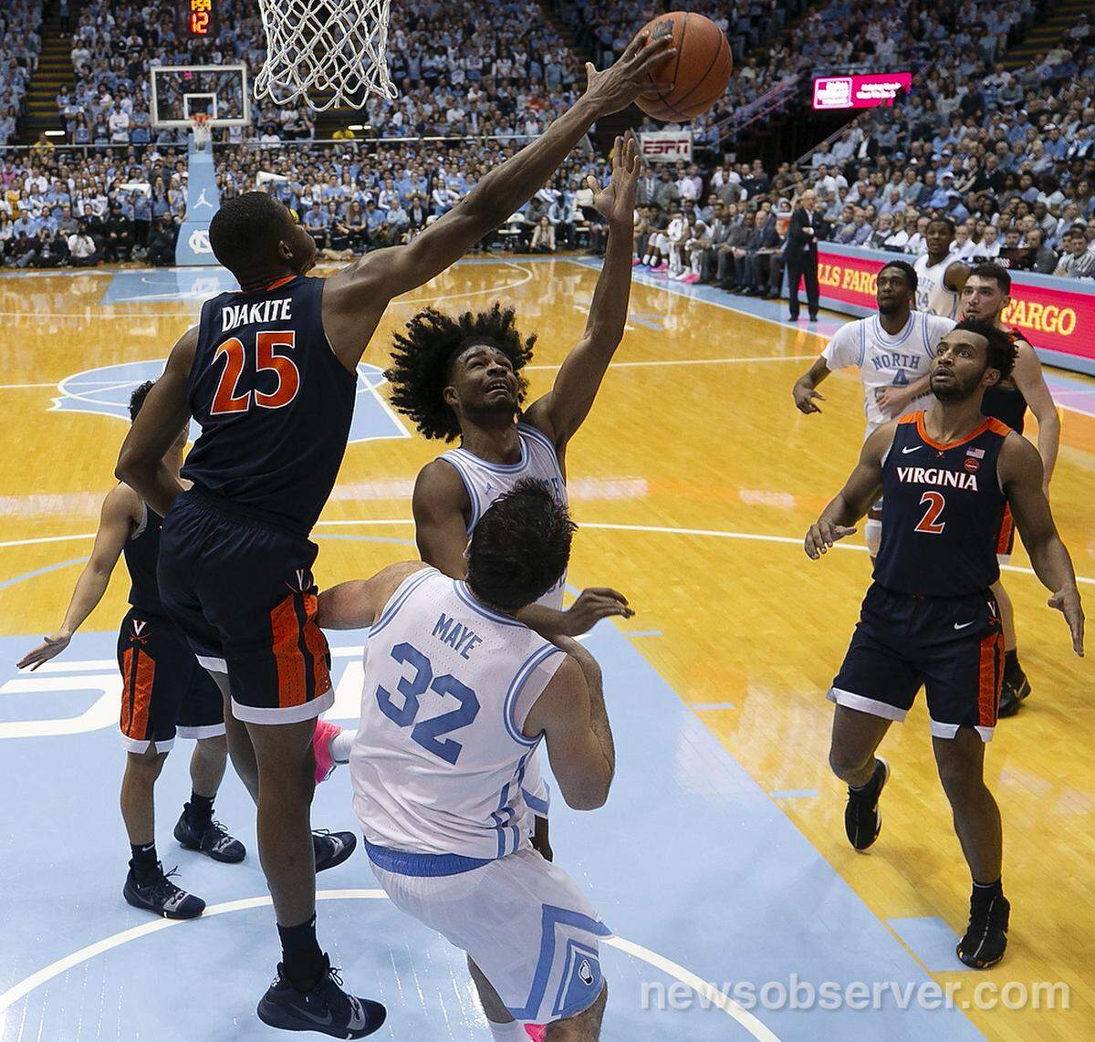Virginia’s Mamadi Diakite (25) (25) blocks a shot by North Carolina’s Coby White (2) during the first half on Monday, February 11, 2019 at the Smith Center in Chapel Hill, N.C.