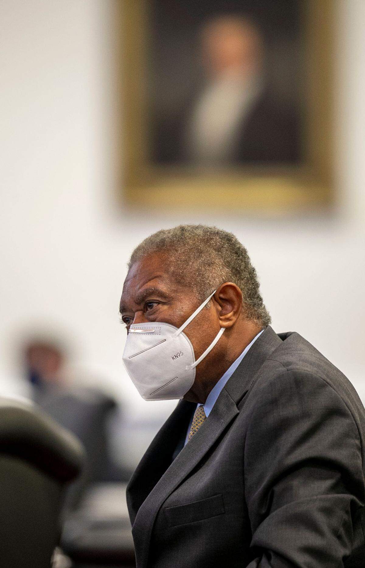Senator Dan Blue listens to debate of HB 324 on the Senate floor on Thursday, August 26, 2021 in Raleigh, N.C. The bill passed and will set new rules on how schools can teach about racism.