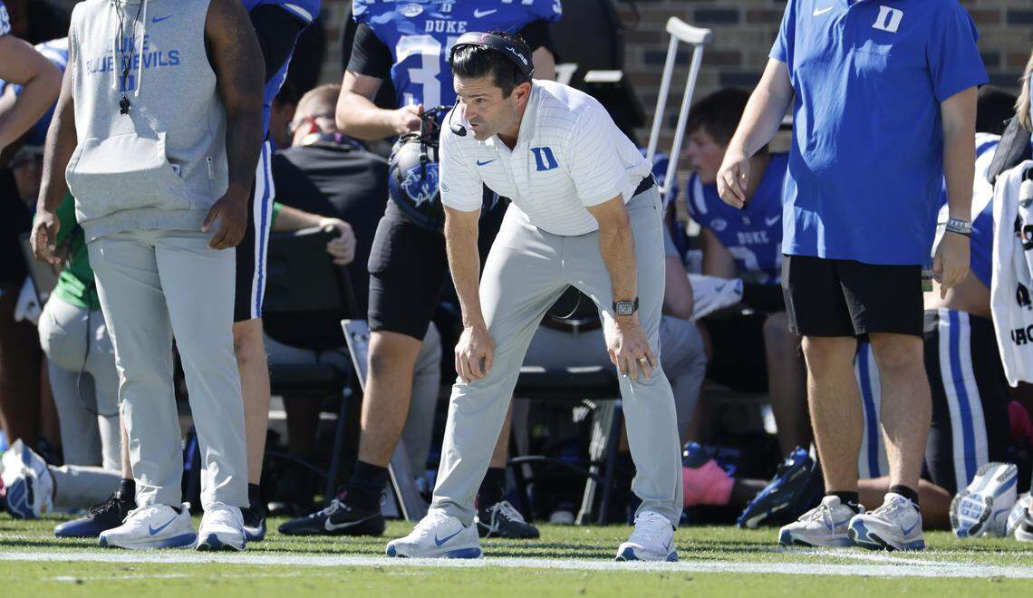 Duke head coach Manny Diaz watches during the first half of Duke’s game against Georgia Tech at Wallace Wade Stadium in Durham, N.C., Saturday, Oct. 18, 2025.