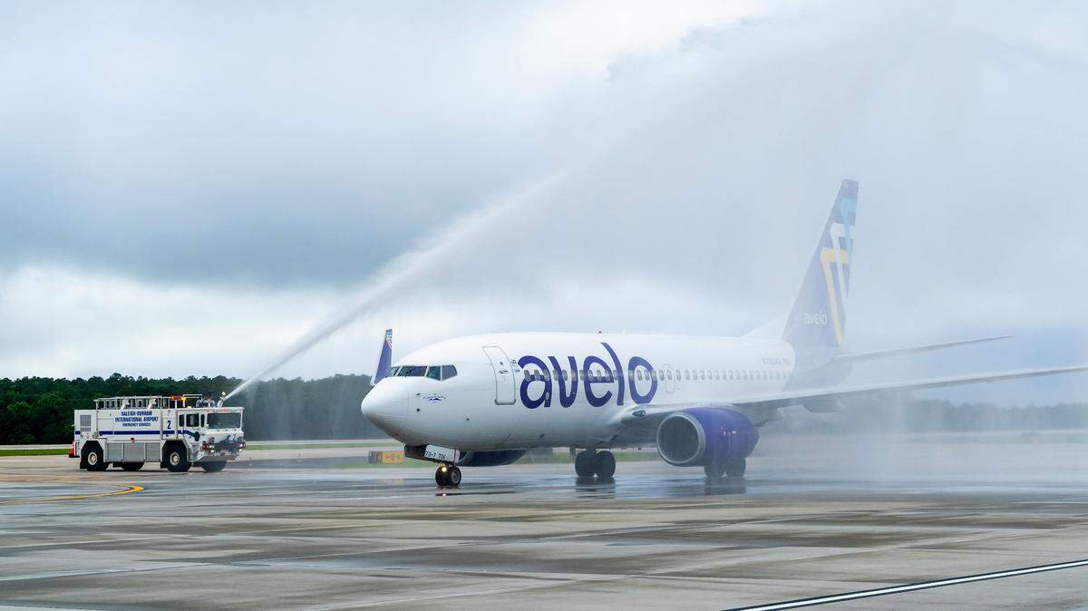 Avelo Airlines’ inaugural flight to Raleigh-Durham International Airport from New Haven, Connecticut, on May 26, 2022.