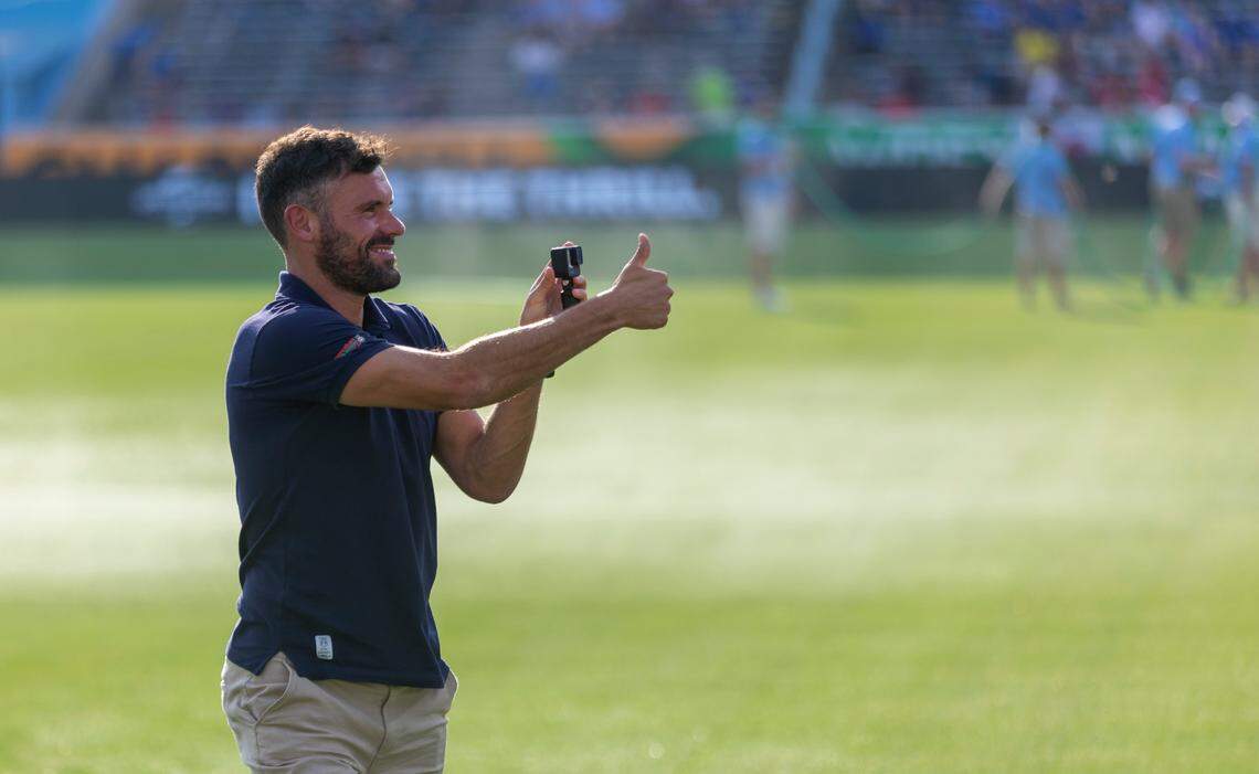 Wrexham goalkeeper Ben Foster acknowledges fans as he walks across the turf with his camera prior to their match against Chelsea on Wednesday, July 19, 2023 in Kenan Stadium inn Chapel Hill, N.C.