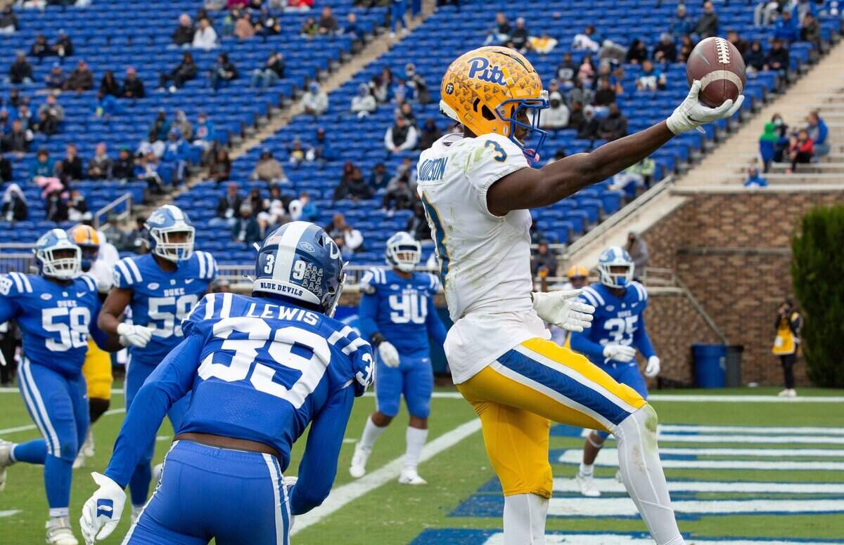 Pittsburgh’s Jordan Addison (3) scores a touchdown ahead of Duke’s Jeremiah Lewis (39) during the second half of an NCAA football game in Durham, N.C., Saturday, Nov. 6, 2021.
