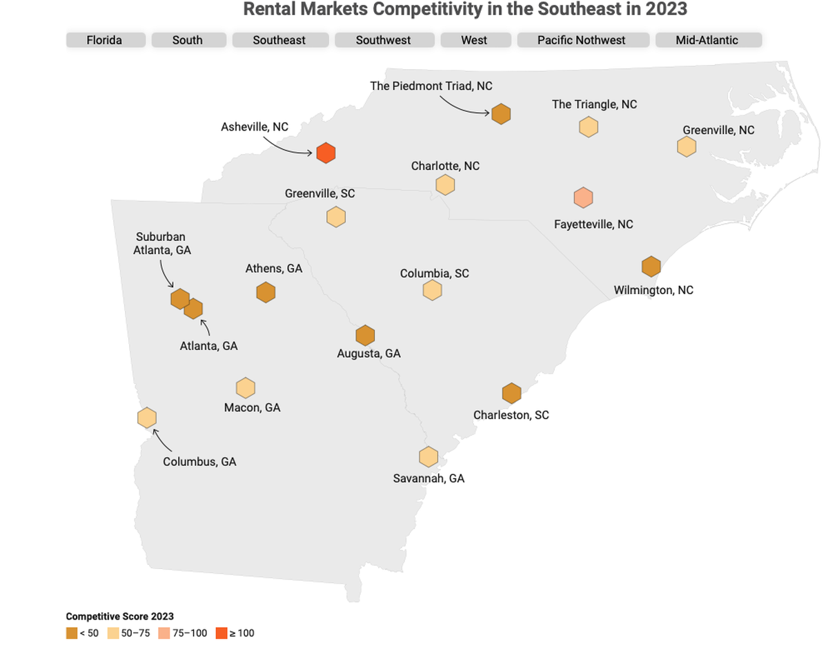 RentCafe’s map shows the rental market competitiveness in the Southeast in 2023 based on analysis of Yardi Matrix data.