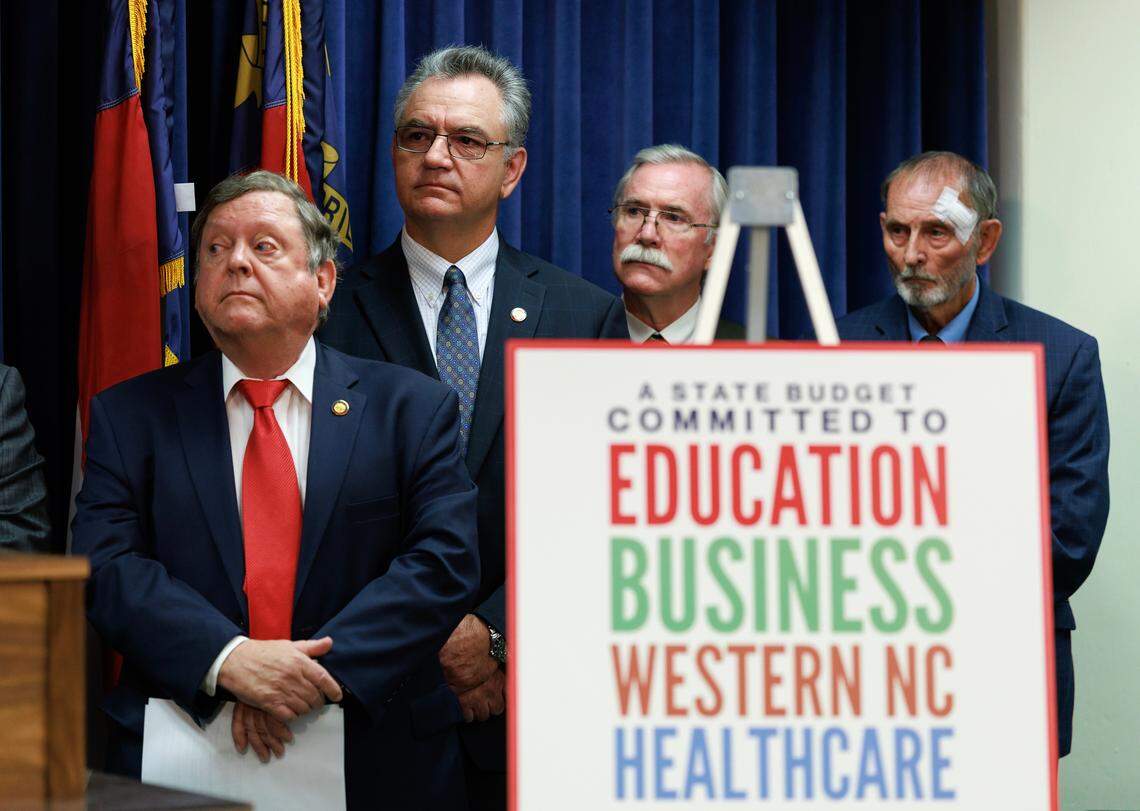 House Republicans listen during a press conference about their budget bill at the Legislative Building on Tuesday, May 20, 2025, in Raleigh, N.C.