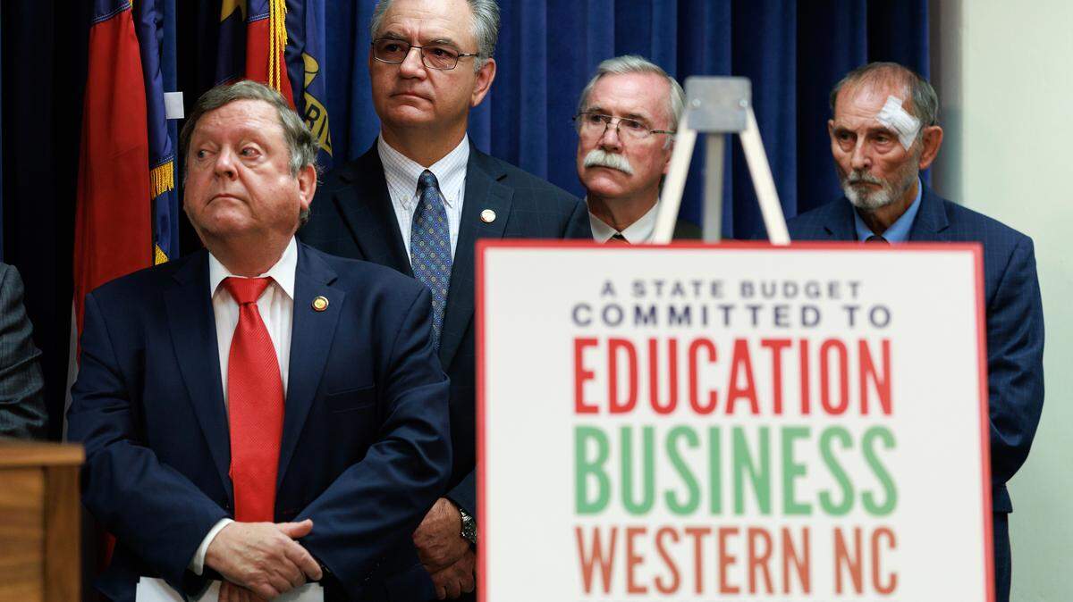 House Republicans listen during a press conference about their budget bill at the Legislative Building on Tuesday, May 20, 2025, in Raleigh, N.C.