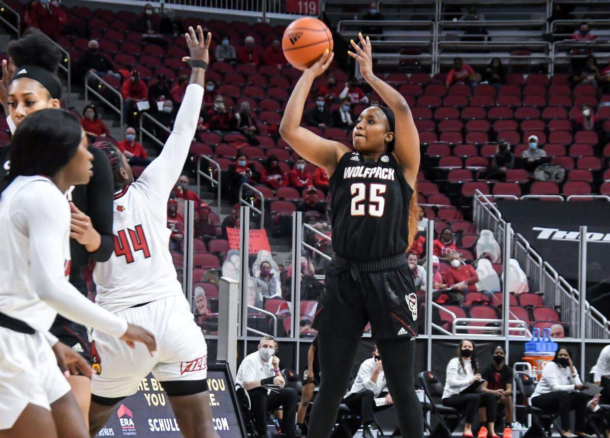 N.C. State’s Kayla Jones (25) take a shot during the Wolfpack’s game against Louisville at KFC Yum! Center in Louisville, Ky. Monday, February 1, 2021.