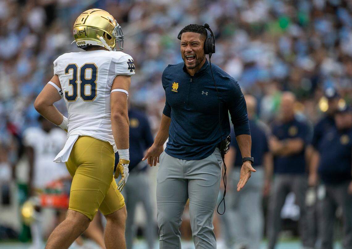 Notre Dame head coach Marcus Freeman reacts after taking a lead over North Caroline in the second quarter on Saturday, September 24, 2022 at Kenan Stadium in Chapel Hill, N.C.