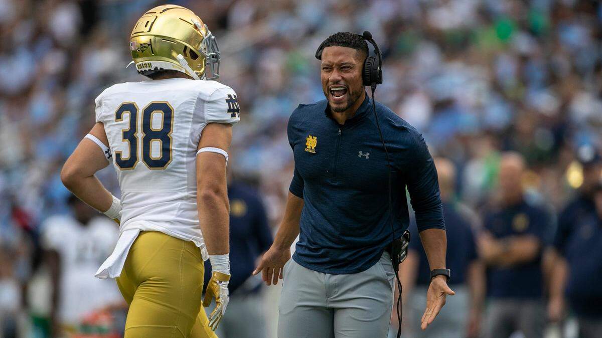 Notre Dame head coach Marcus Freeman reacts after taking a lead over North Caroline in the second quarter on Saturday, September 24, 2022 at Kenan Stadium in Chapel Hill, N.C.