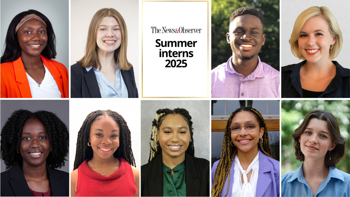 The News & Observer’s Summer 2025 interns and fellows. Top row, from left: Amber Hazzard, Caroline Wills, Twumasi Duah-Mensah, Sophia Bailly. Bottom row, from left: Ronni Butts, Gabriella Hartlaub, Grace Richards.