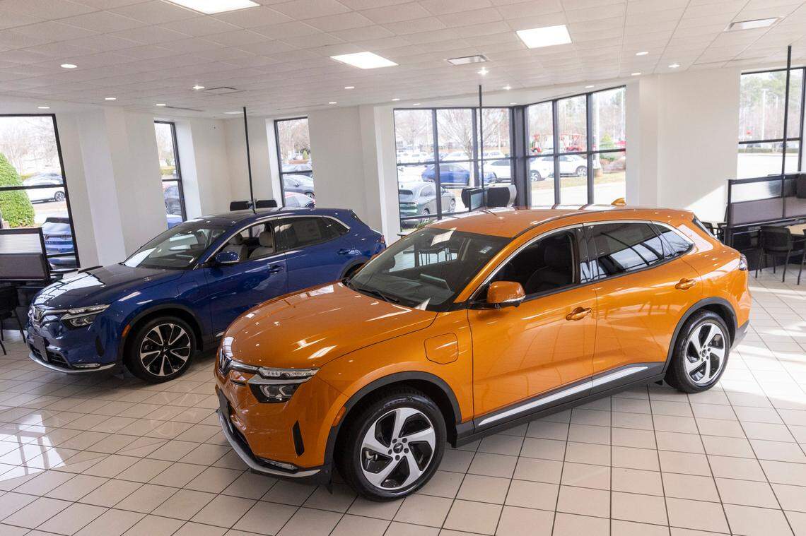 VinFast electric cars sit in the showroom at the new Leith VinFast dealership in Cary Thursday, Dec. 28, 2023. The Vietnamese automaker announced in March 2022 that it would open an electric vehicle assembly plant in North Carolina.