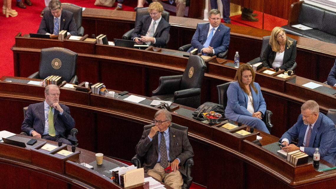 Senator Bill Rabon and Senate leader Phil Berger, left, listen to the final moments of their session on Thursday, June 19, 2025 in Raleigh, N.C. Rabon, who represents coastal counties Brunswick, Columbus and New Hanover voted for HB 442, which will prohibit shrimp trawling in all inshore fishing waters and within one-half mile of the shoreline.