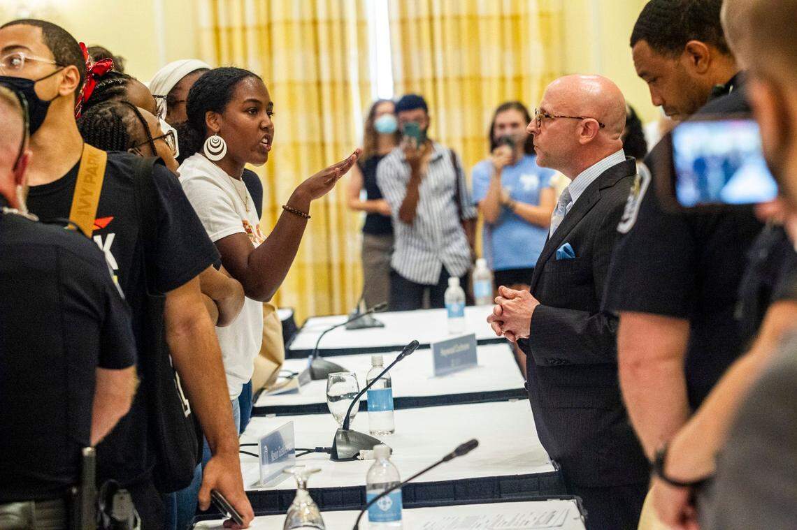 Demonstrators confront Gene Davis, vice chairman of the UNC-Chapel Hill Board of Trustees, after the board voted to approve tenure for distinguished journalist Nikole Hannah-Jones Wednesday, June 30, 2021 at Carolina Inn in Chapel Hill.
