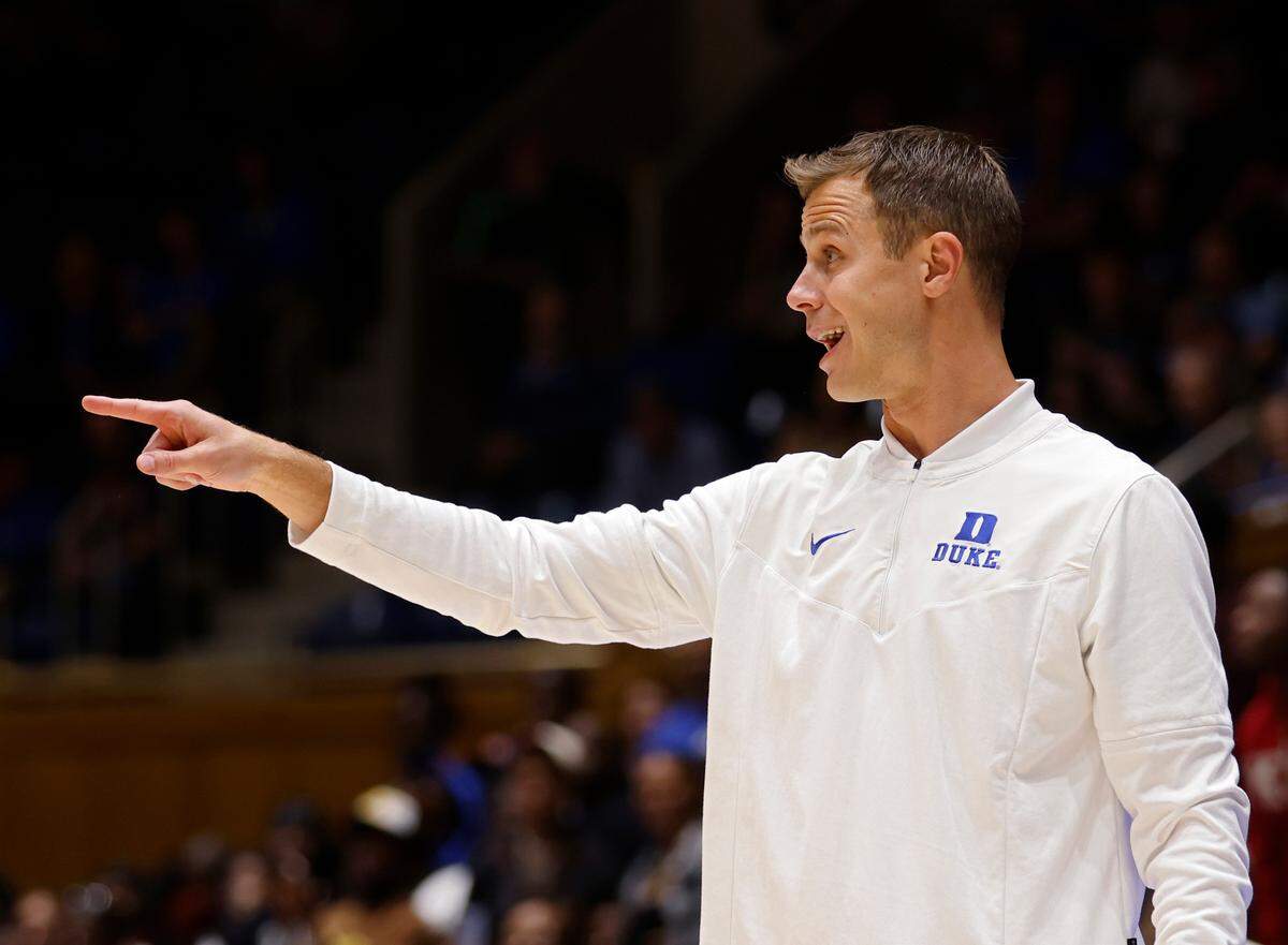 Duke Blue Devils head coach Jon Scheyer gives instructions to his team during the first half of an exhibition game against Fayetteville State at Cameron Indoor Stadium on Wednesday, Nov. 2, 2022, in Durham, N.C.