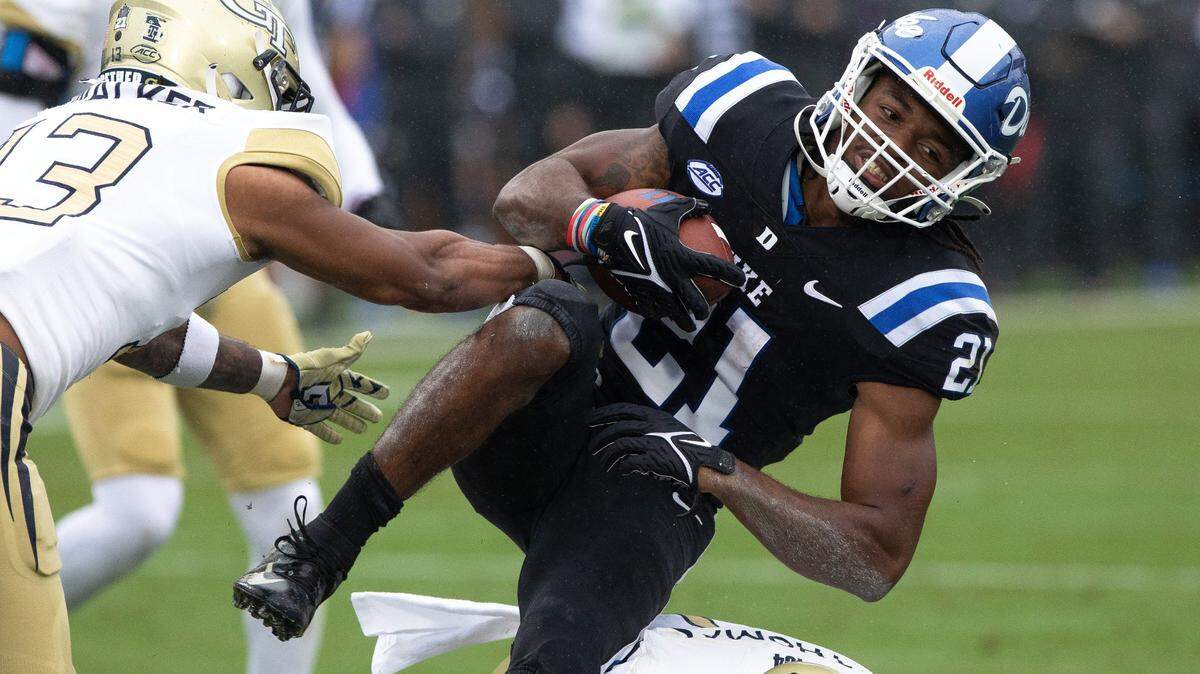 Duke’s Mataeo Durant (21) carries the ball during an NCAA football game against Georgia Tech in Durham, N.C., Saturday, October 9, 2021.