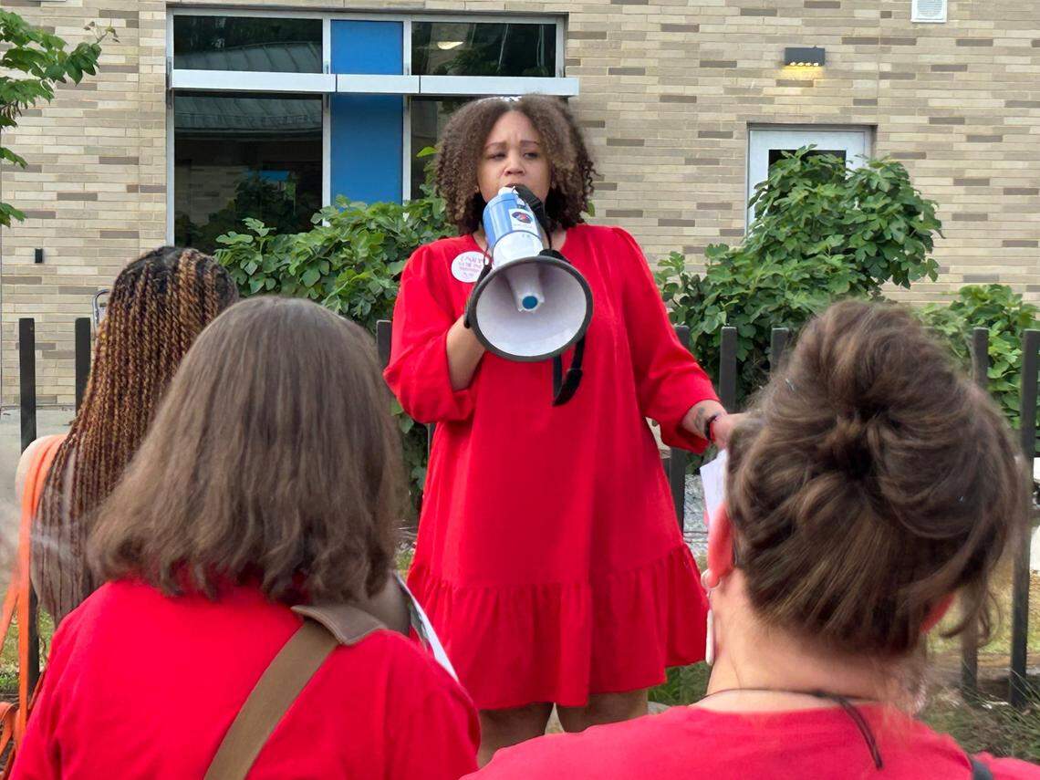 Wake NCAE President Christina Cole rallies members before the Wake County school board’s budget public hearing at Southeast Raleigh Elementary School in Raleigh, N.C., on April 23, 2025.