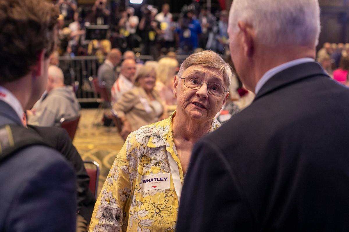 Delegate Dianne Layden of Perquimans County, N.C. talks former Vice President Mike Pence during the North Carolina Republican Party Convention at the Koury Convention Center on Saturday, June 10, 2023 in Greensboro, N.C.