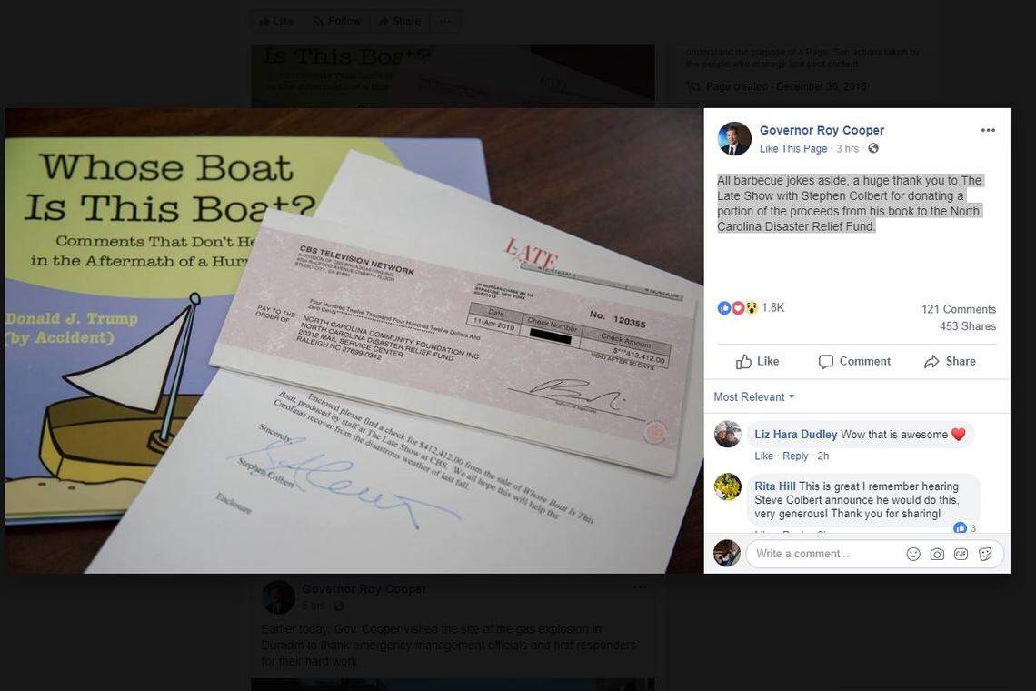North Carolina Gov. Roy Cooper posted a “thank-you” on Facebook to The Late Show host Stephen Colbert for his contribution to Hurricane Florence disaster relief.
