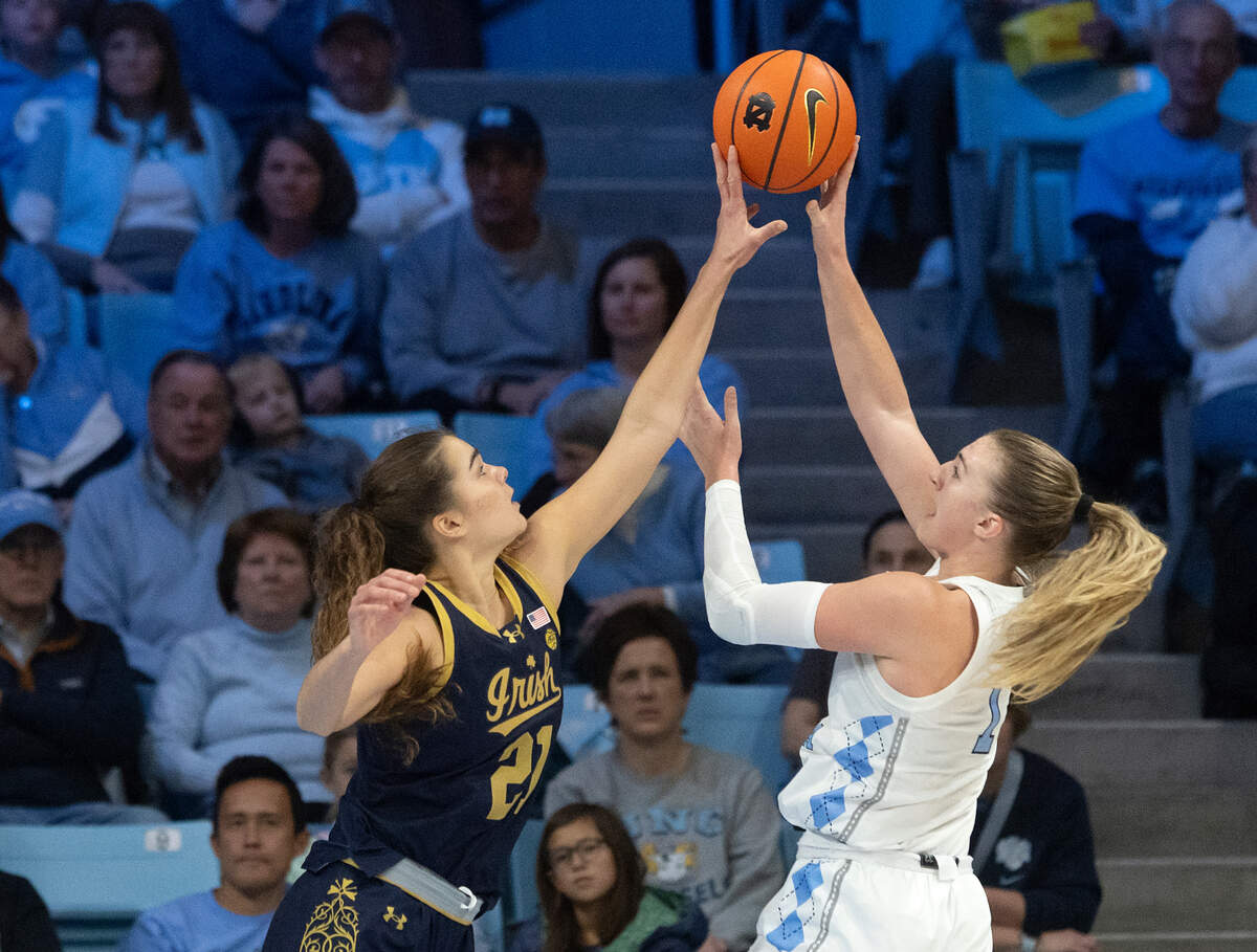 Notre Dame’s Maddy Westbeld blocks a shot by North Carolina’s Alyssa Ustby during the second half of the Tar Heels’ 76-66 loss on Sunday, Jan. 5, 2025, at Carmichael Arena in Chapel Hill, N.C.