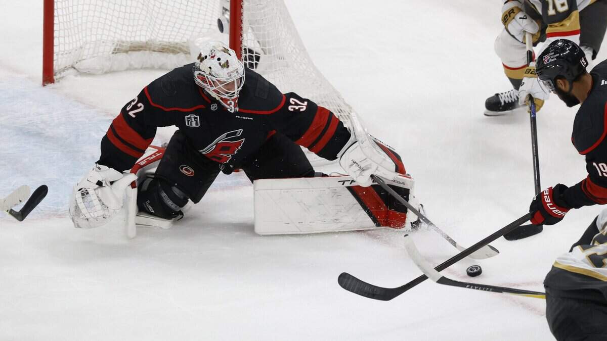 Carolina's Brandon Bussi (32) keeps his eye on the puck in the first period of the Hurricanes’ game against the Golden Knights in the fifth game of the Stanley Cup Final at the Lenovo Center in Raleigh, N.C., Thursday, June 11, 2026.