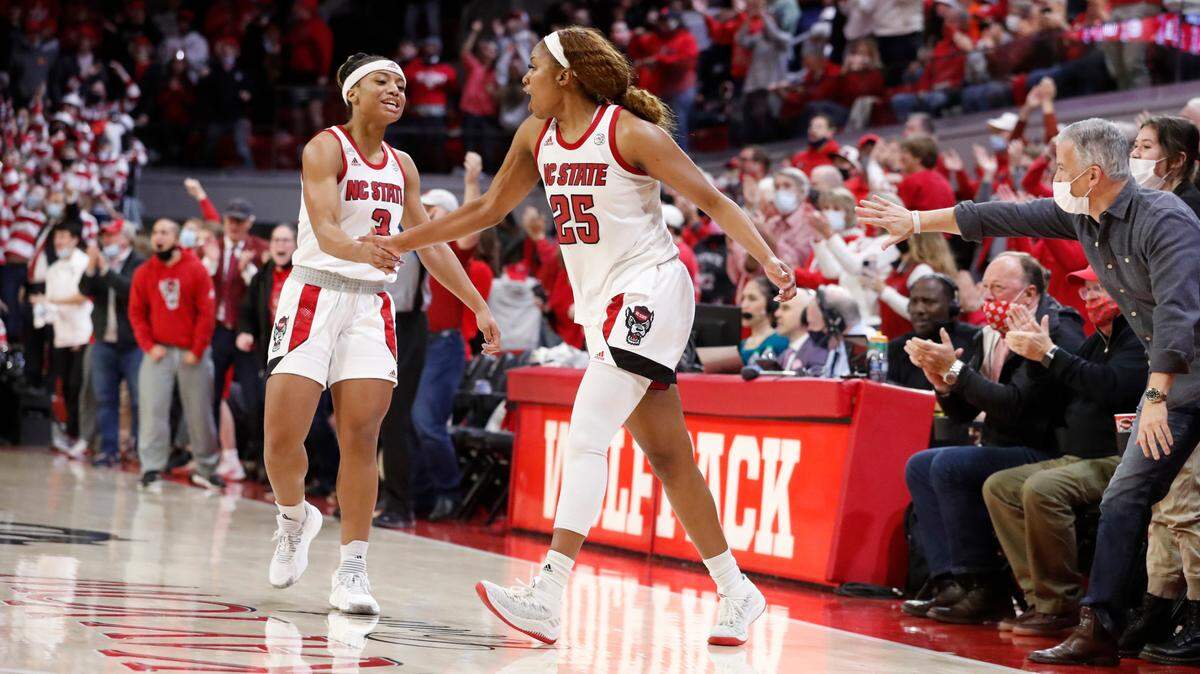 N.C. State’s Kai Crutchfield (3) and Kayla Jones (25) celebrate late in the second half of N.C. State’s 68-59 victory over Louisville at Reynolds Coliseum in Raleigh, N.C., Thursday, Jan. 20, 2022.